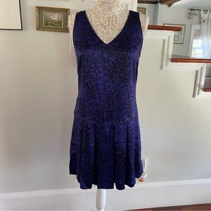 REBECCA TAYLOR Blue & Black Silk Drop Waist Pleated Dress Vneck Sz 6